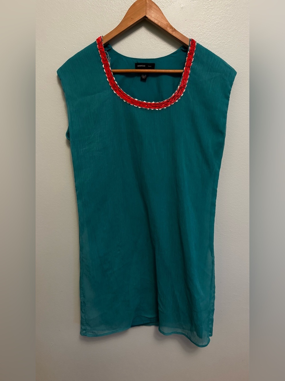 Mango Teal Cap-Sleeve Shift Top with Red Beaded Neckline